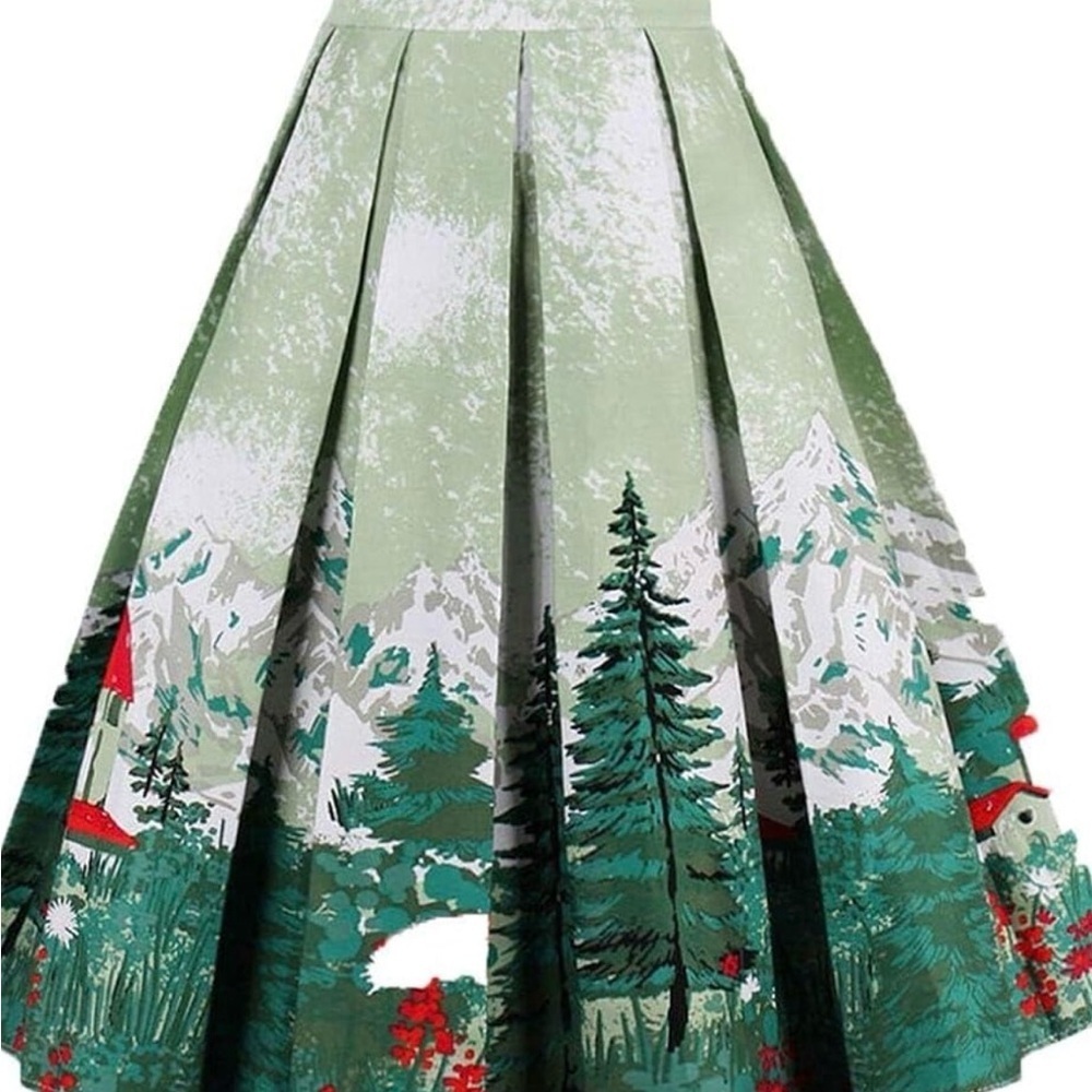 Green Scenic Pleated A-Line Skirt